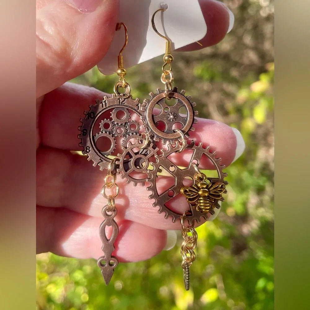 Steampunk Gear Earrings with Gold Accents - Picture 6 of 6